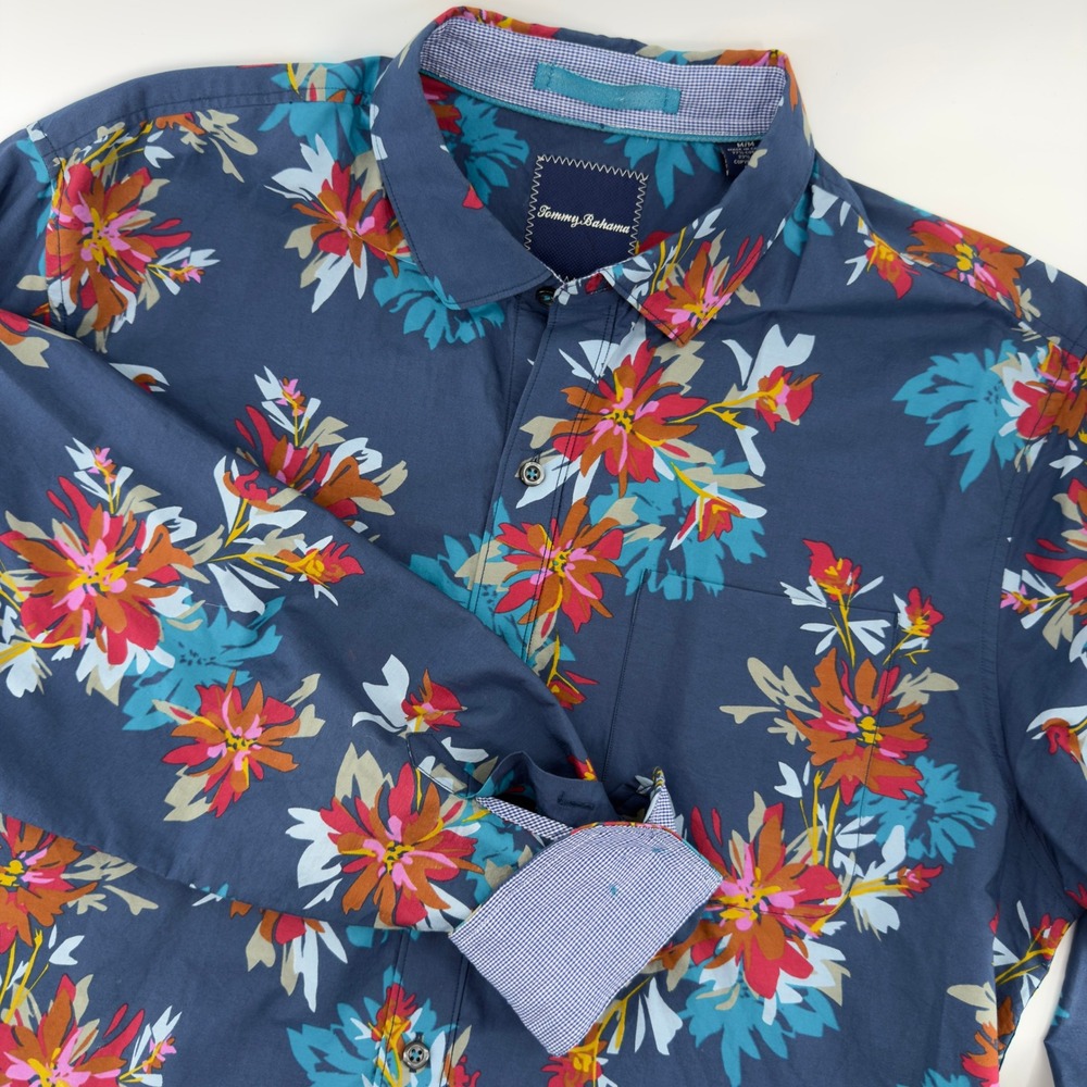 Tommy Bahama Mens Blue Floral Cotton Silk Long Sleeve Button Down Shirt Size M